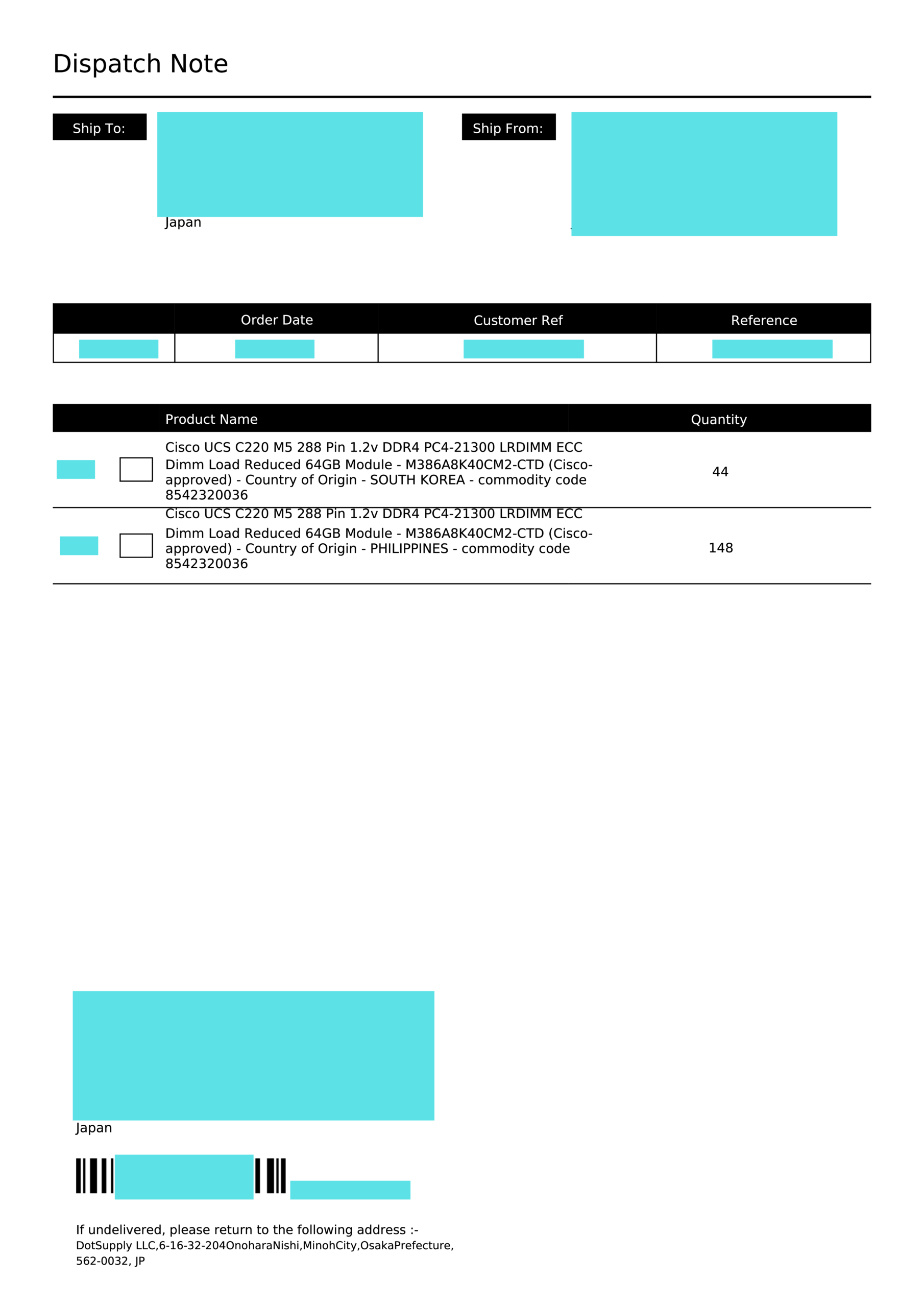 出荷書類（Dispatch Note）抜粋