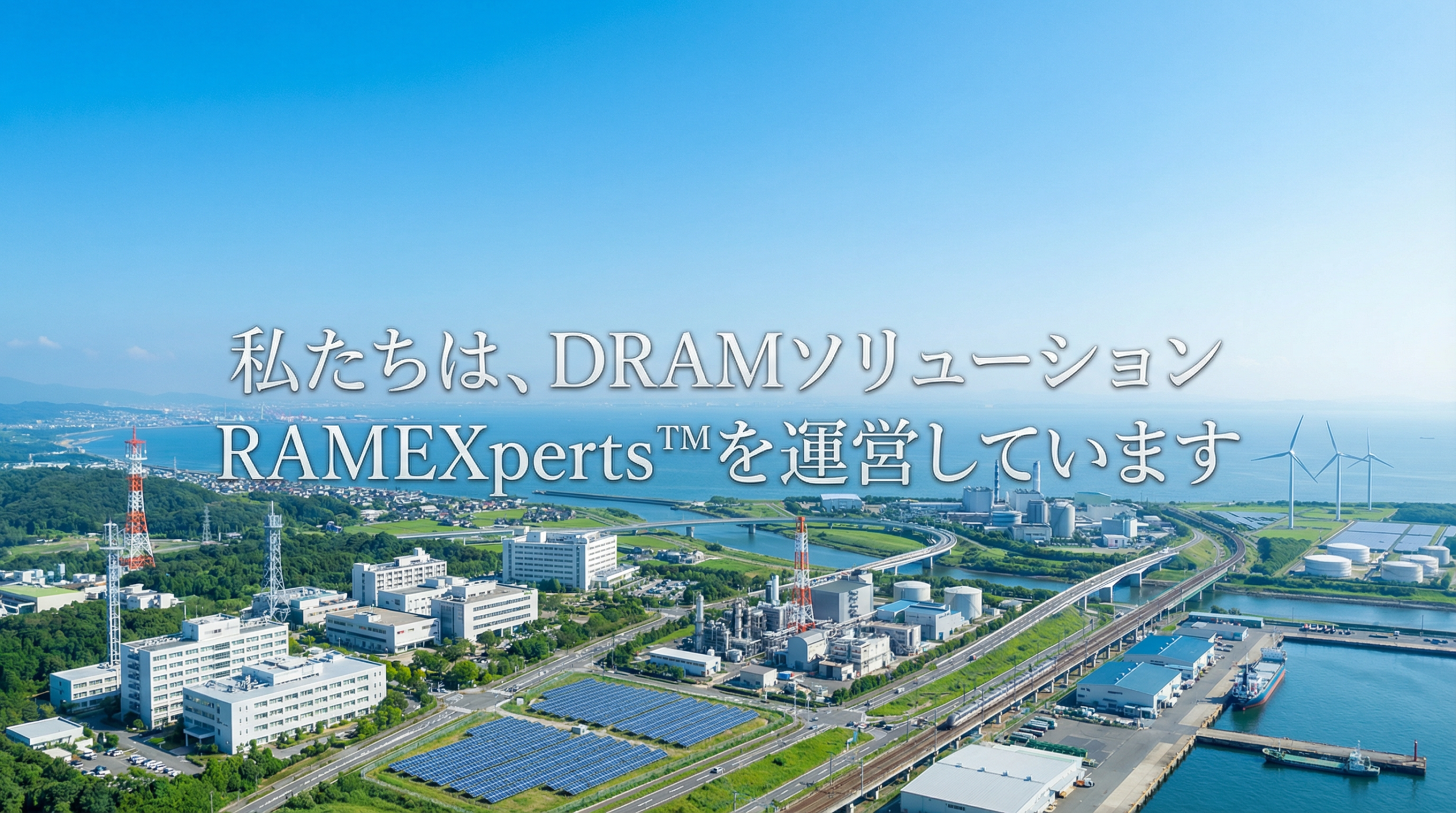 広がる都市・研究・産業の風景を背景に、「私たちは、DRAMソリューション『RAMEXperts™︎』を運営しています」と表示したトップビジュアル
